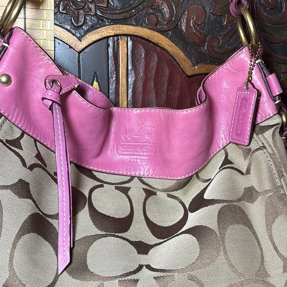 Coach Hobo Shoulder Bag Pink Leather Brown Monogram 12”Wx12”Hx5”W VGUC - Picture 3 of 17